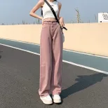 粉色高腰牛仔裤女显瘦宽松阔腿百搭潮流直筒2023新款小众显腿毛边