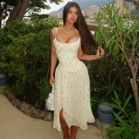 Bohemian Floral Print Maxi Dress Strapless Waist Cinching Backless Slim Fit Perfect for Outdoor