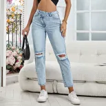 Womens Distressed Straight Leg Jeans Casual Style Versatile Fit Trendy Design Perfect for Everyd