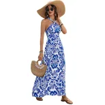 Vintage Floral Print Halter Backless Dress for Women Blue Summer Vacation Style custom packaging