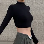Slim Fit Half Turtleneck T Shirt Sexy Backless Design Long Sleeve Short Crop Spring Summer Women