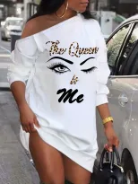 Printed Asymmetrical Shoulder Long Sleeve Dress Womens Casual Style Comfortable Fabric for Every