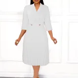 Elegant Womens Dress Solid Color Pleated Design Suit Collar Autumn Fashion for Casual or Formal