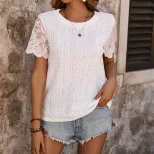Lace Short Sleeve T Shirt Simple Design Hollow Out White Color Summer Vacation Wear Wholesale Av