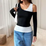 Asymmetrical Long Sleeve Top Black and White Color Block Unique Design for Spring and Autumn Who