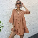 Loose Fit Solid Color Doll Dress Short Sleeve Lapel Design Casual Style Perfect for Spring and S