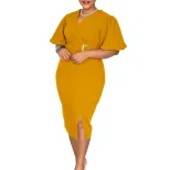 Fashionable V Neck Puff Sleeve Bodycon Dress Solid Color Waist Defined Side Slit Perfect for Par