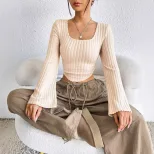 Fashionable Elegant Womens T Shirt Square Neck Flared Long Sleeves Spring Summer Style Wholesale