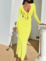 V Neck Long Sleeve Bodycon Dress Ruffle Hem Hollow Out Side Slit Slim Fit Evening Party Wear Who