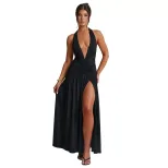 Summer Womens Dress Elegant Halter Neck V Neck Long Length Sexy Slit Ruched Backless Perfect for