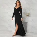 Chic V Neck Long Dress Elegant Split Design Lightweight Fabric Spring Summer Womens Fashion Whol