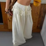 High Waisted Wide Leg Pants Vintage American Style Ruffled Hem Loose Fit Spring Fashion for Wome