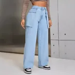 Wide Leg Denim Trousers Casual Style Large Pockets Comfortable Fit Womens Fashion for Everyday W