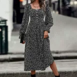 Fashionable Womens Dress Square Neck Polka Dot Print Autumn Style Perfect for Casual Outings Who