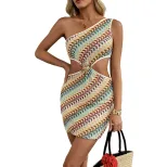Striped Color Block One Shoulder Hollow Out Bodycon Dress Ethnic Style Summer Vacation Wear Whol
