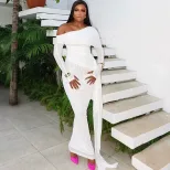 Elegant Womens Dress Solid Color Off Shoulder Long Sleeve Mesh Panel Fashionable for Parties or