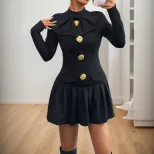 Elegant Sweetheart Bow Tie Buttoned High Neck Long Sleeve Dress Autumn Fashion Wholesale Availab