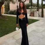 Elegant Womens Two Piece Set Sexy Hollow Out Crop Top and Skirt Metal Button Design Perfect for