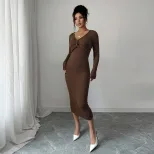 Brown V Neck Midi Dress for Women Twist Front Design Slim Fit Three Quarter Sleeves Spring and A