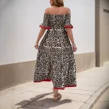 Vintage Off Shoulder Leopard Print Dress Ruffled Sleeves Elegant Style Perfect for Parties Whole