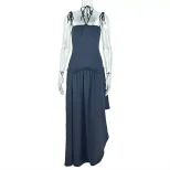 Casual A Line Dress Solid Color Ruched Waist Backless Halter Neck Street Style for Summer Wholes