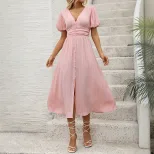 High End Pink Puff Sleeve Dress Elegant Design Perfect for Valentines Day or Special Occasions W
