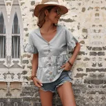 Casual Loose V Neck T Shirt Ruffle Sleeve Solid Color Trendy Style Perfect for Vacation Wear Who