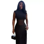 Fashionable A Line Dress Solid Color High Neck Waist Cinching Long Sleeve Casual Streetwear for