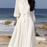 White Chiffon Dress for Women Elegant Fit Short Sleeve Round Neck Casual Summer Wear