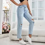 Womens Distressed Straight Leg Jeans Casual Style Versatile Fit Trendy Design Perfect for Everyd