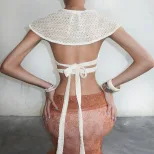Spring Womens Sexy Hollow Out Crop Top Short Flutter Sleeves Tie Design Trendy Style Perfect for
