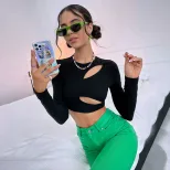 Womens Casual Hollow Out Slim Fit Crop Top Long Sleeve Street Style Trendy Design Perfect for Ev