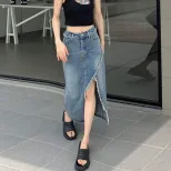 不规则牛仔半身裙女夏高腰ins潮设计开叉小众毛边a字包臀复古裙子