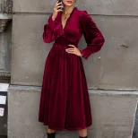 Red Velvet Long Sleeve Dress Elegant Design Autumn Winter Fashion Perfect for Parties and Events