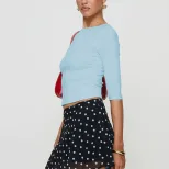 Slim Fit Light Blue Cropped Top 3 4 Sleeve Solid Color Sweet Style Spring Summer Womens Fashion