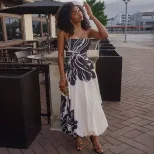 Color Block A Line Dress Black and White Print Off Shoulder Neckline Casual Style Wholesale Avai