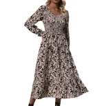 Vintage Inspired Long Sleeve V Neck Dress Abstract Print Casual Vacation Ready Wholesale Availab