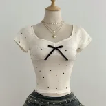 Summer Womens Short Sleeve T Shirt Polka Dot Design Bow Detail Casual Style Ready to Ship Low MO