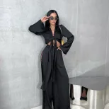 Fashionable Long Sleeve Tie Front Crop Top and Hollow Out Split Leg Pants Set Street Style Whole