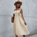 Summer Womens Casual Dress Slim Fit Solid Color Cotton Linen Blend Spaghetti Straps Perfect for