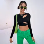 Womens Casual Hollow Out Slim Fit Crop Top Long Sleeve Street Style Trendy Design Perfect for Ev