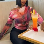 Fashionable Printed Long Sleeve Top Off Shoulder Design Versatile Street Style Womens Casual Wea