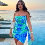 Off Shoulder Ruched Bodycon Dress Floral Print Color Block Vacation Style Wholesale Womens Fashi