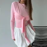 Womens Sweet and Sexy Knot Front T Shirt Slim Fit Long Sleeve Spring Summer Pink Top Wholesale A