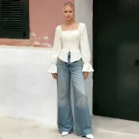 French Style Square Neck Puff Sleeve Chiffon Blouse Slim Fit High Split Vintage Design Perfect f