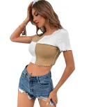 Color Block Knitted Short Sleeve T Shirt Contrast Stitching Casual Style Spring Summer Collectio