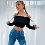 Womens Street Style Knit Crop Top Off Shoulder Long Sleeve Casual Trendy Design Perfect for Ever