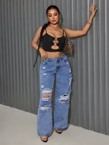 Womens Ripped Straight Leg Jeans Loose Fit Hip Hop Style Casual Wear Wholesale Available OEM ODM