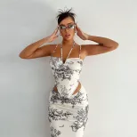 Womens Vintage Floral Print Two Piece Set Halter Neck Top Midi Skirt Stylish Sexy Outfit for Sum