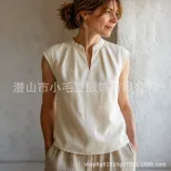 2026夏季欧美外贸杏色亚麻无袖T恤女小立领开叉褶皱宽松薄款休闲